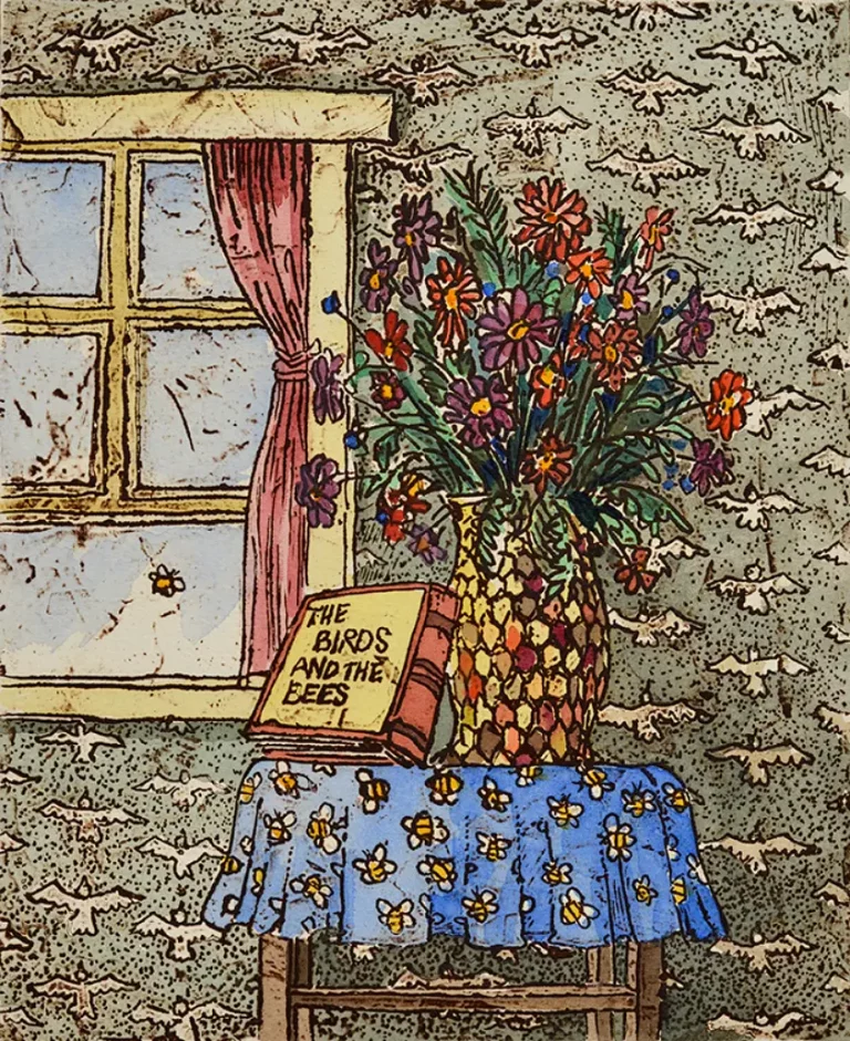 Leon Pericles' "The Birds and the Bees" Hand coloured collograph original art for sale product