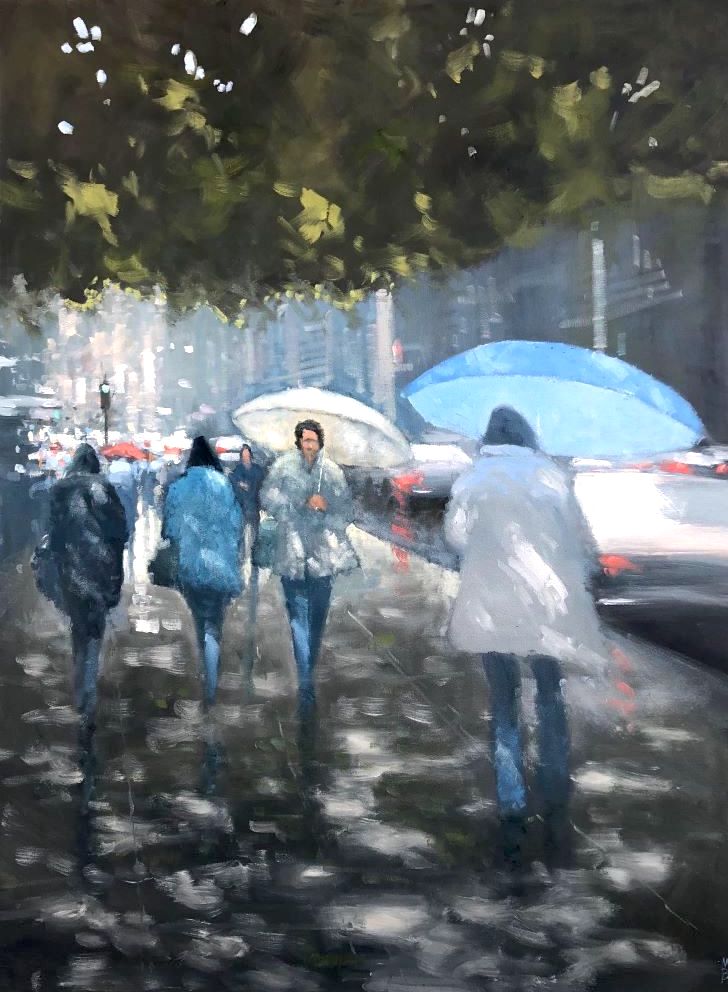 Mike Barr's "Umbrellas on Pirie" Oil on Canvas painting original art for sale product