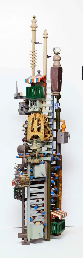 Leon Pericles' "Abode of Merlin II" mixed-media with music boxes