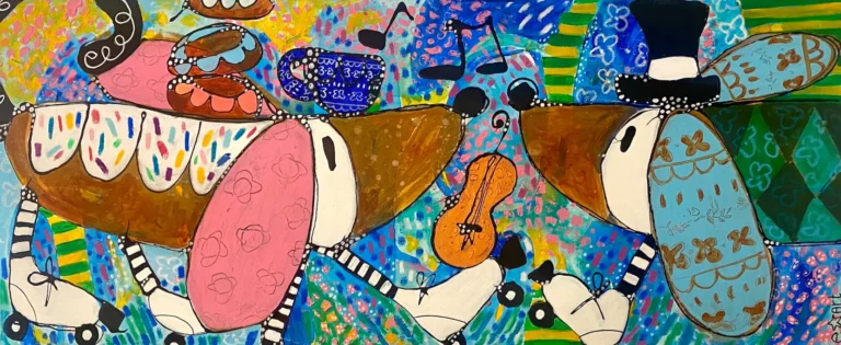 Esther Ziher-Ginczinger' "Skate Date" Mixed Media on canvas painting original art for sale product