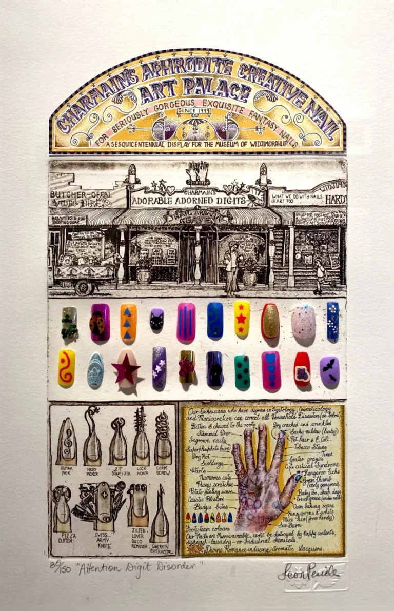Leon Pericles' "Attention Digit Disorder" Hand Coloured Etching With Collage