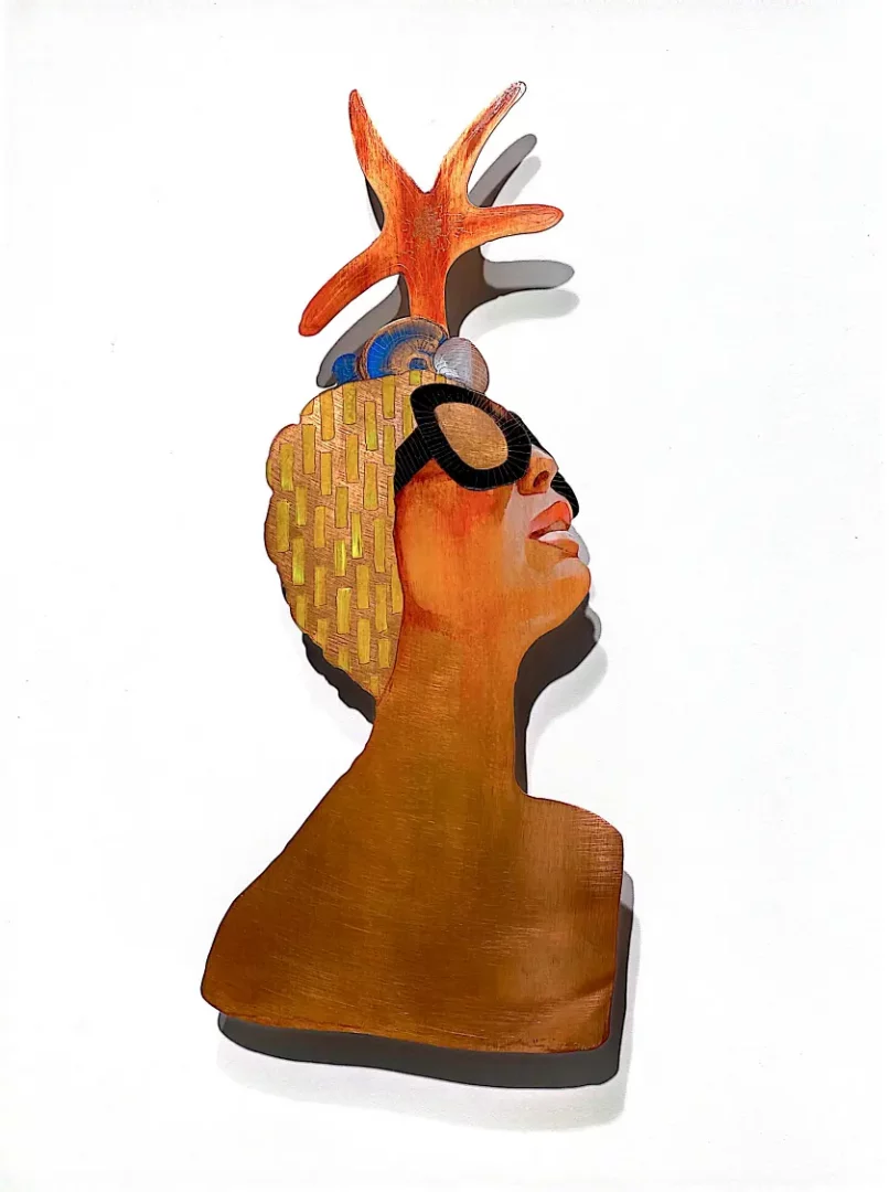 Liz Grey' "Adorned 1" Oil on copper cut-out with engraving original painting for sale product