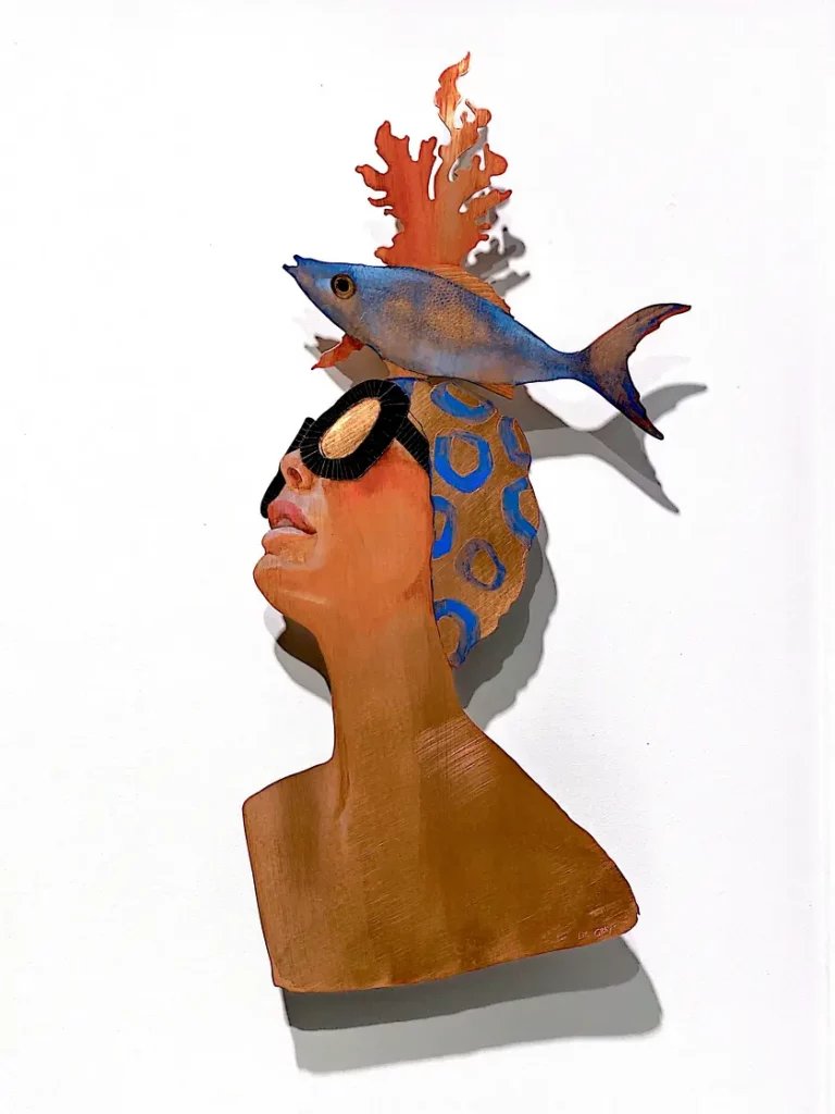 Liz Grey' "Adorned 2" Oil on copper cut-out with engraving original painting for sale product