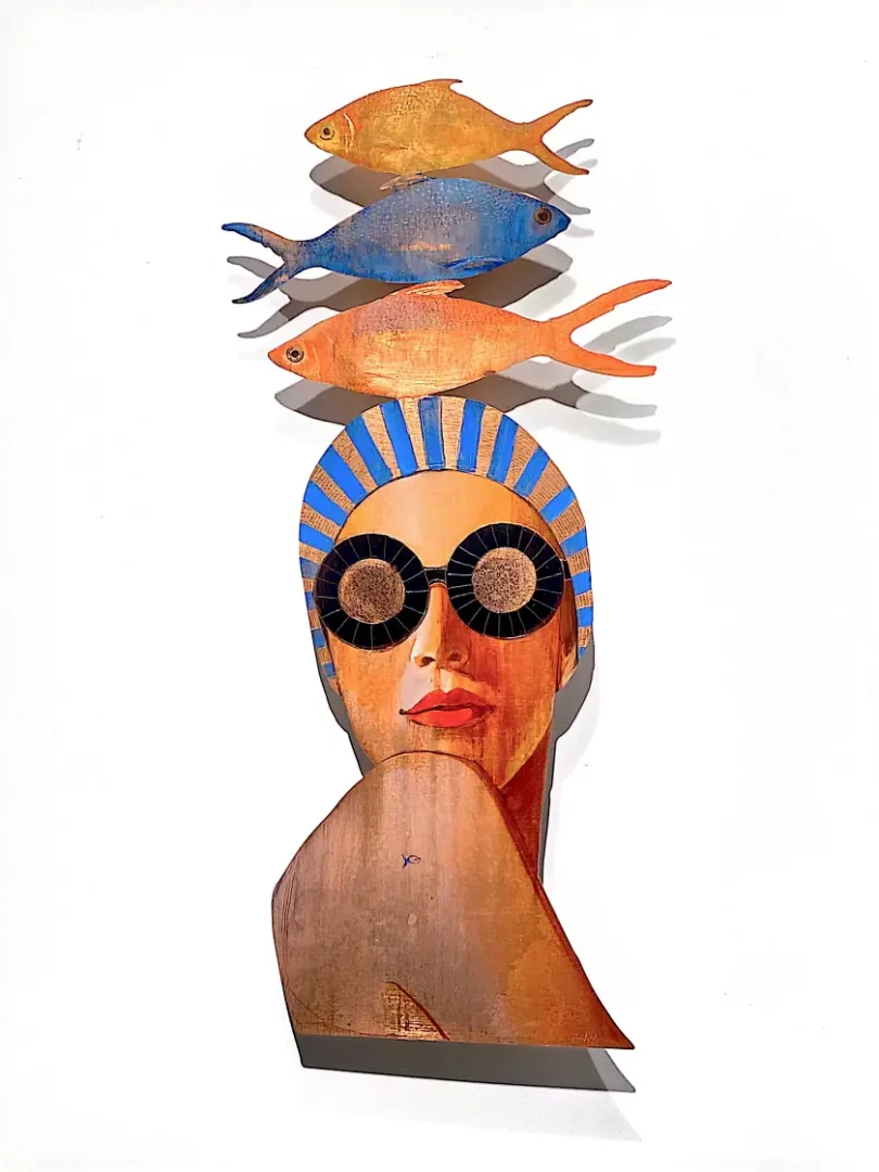 Liz Grey' "Fish Head" Oil on copper cut-out with engraving original painting for sale product