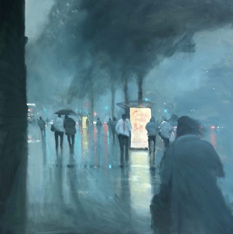 Mike Barr's "Downpour on King William" Oil on Canvas painting original art for sale product