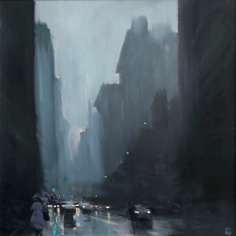 Mike Barr's "Early City Rain" Oil on Canvas painting original art for sale product