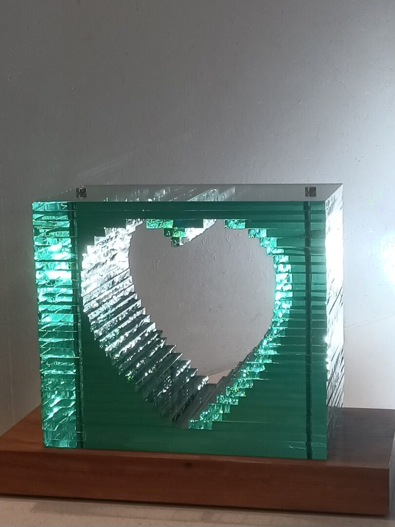 Lindy Sando & Vaughan Taylor "From the Heart" Layered Glass with Etching on Hardwood Base, original art for sale product