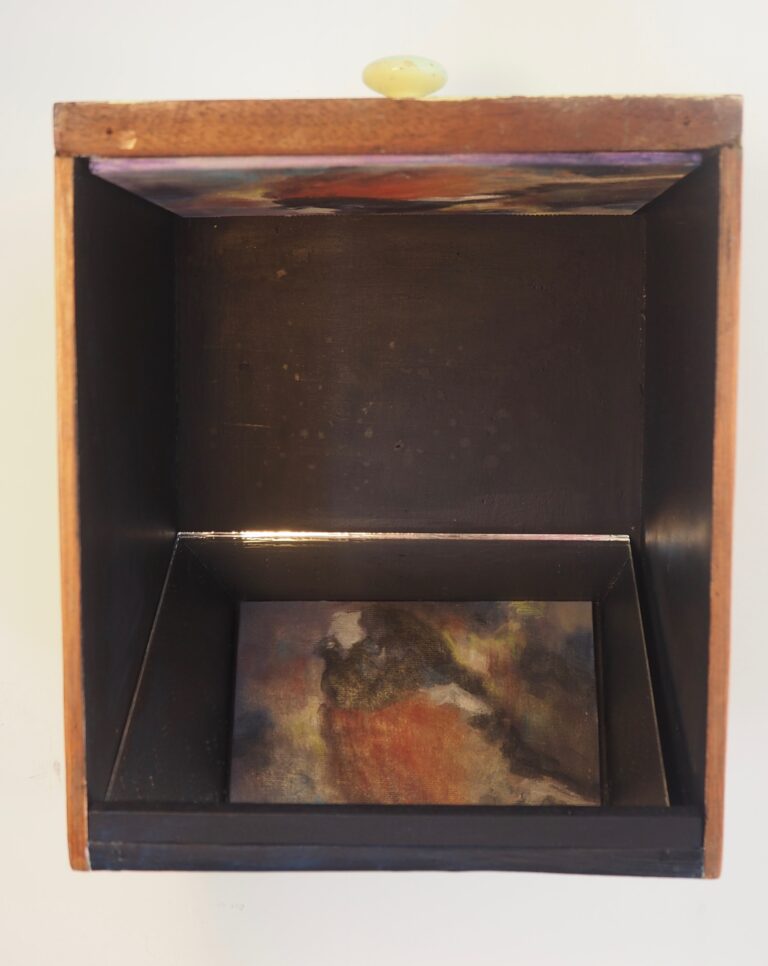 Jane Smeets "Scarlet Robin" Watercolour, Oil on Board, Found Drawer, Mirror and Photo Transfer original art for sale product