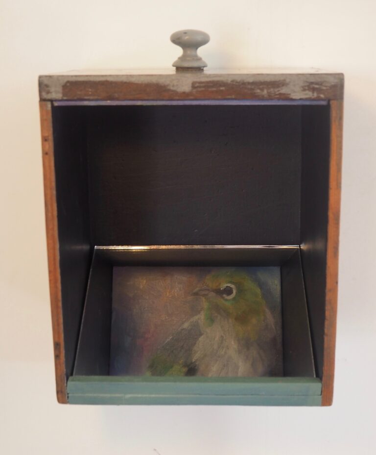 Jane Smeets "Silvereye" Oil on Board, Found Drawer, Mirror and Photo Transfer original art for sale product