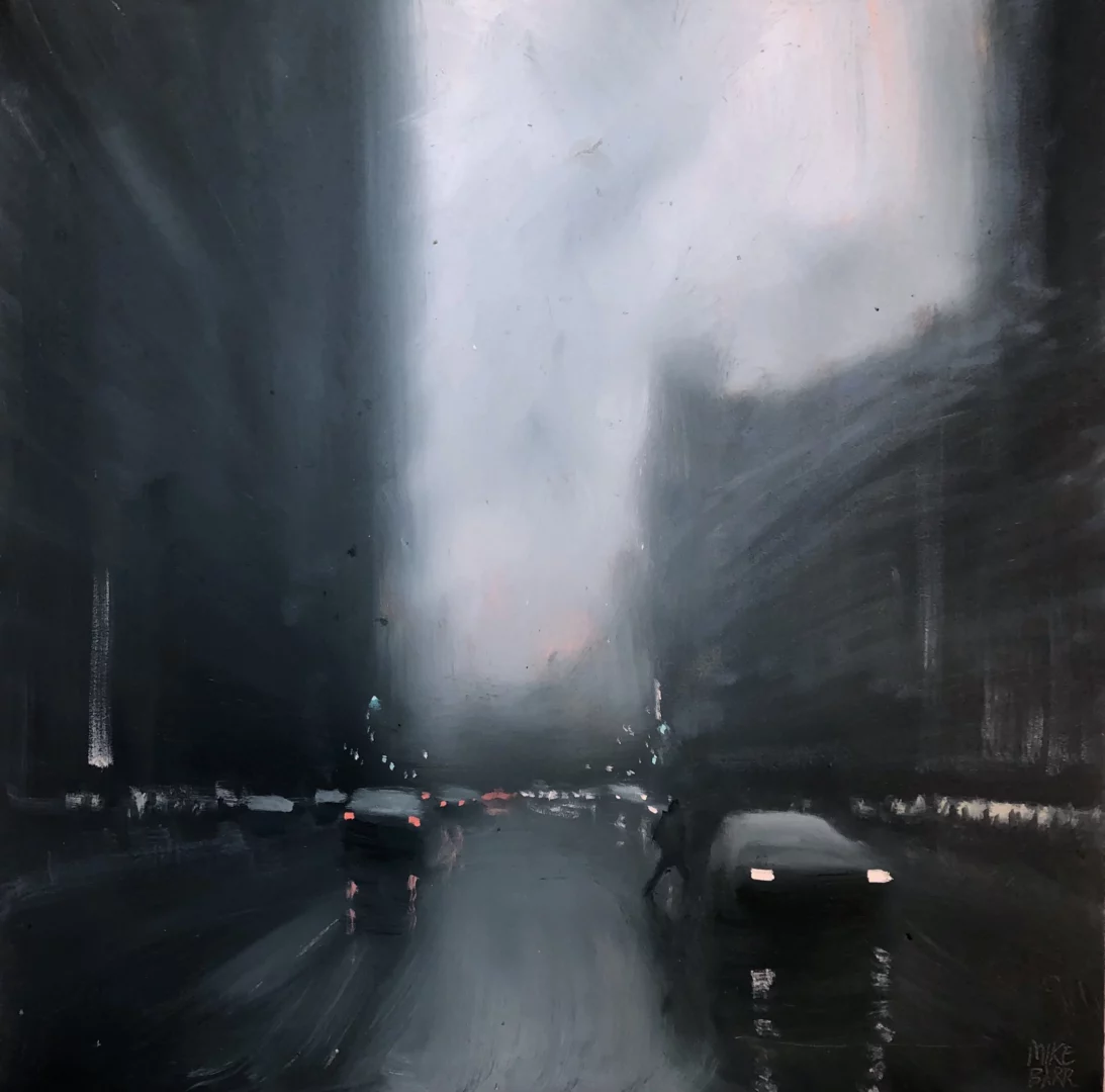 Mike Barr's "Rain Traffic" Acrylic on Canvas 30 x 30 cm  artwork for sale