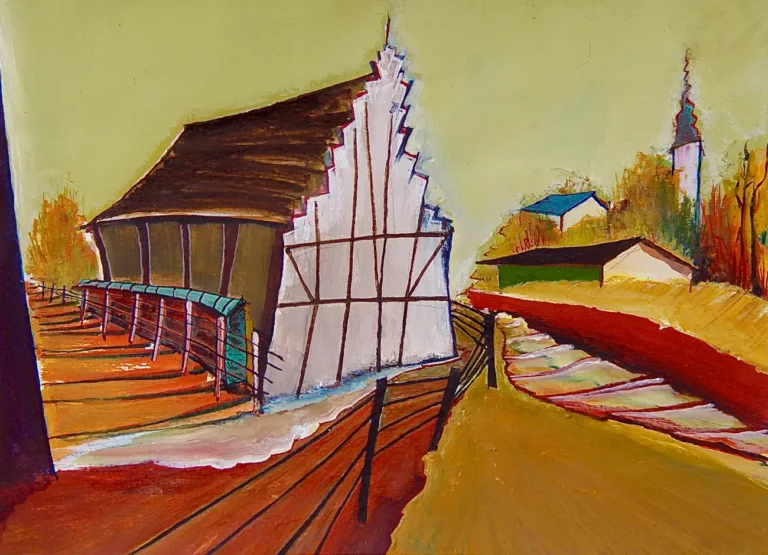 Christin Lutze's "Crooked Barn" Watercolour Gouache Acrylic on Paper artwork for sale