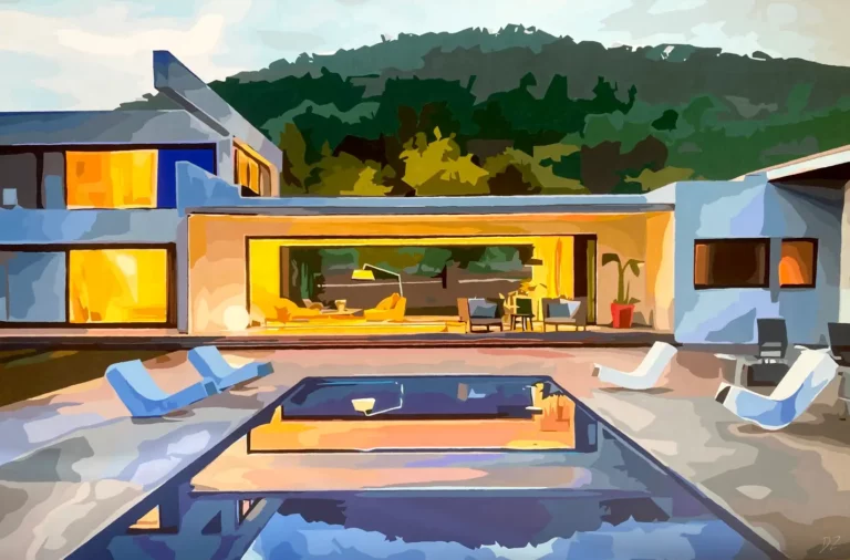 Dainis Zakis' "Hillside Home Reflections" 85 x 125 cm artwork for sale