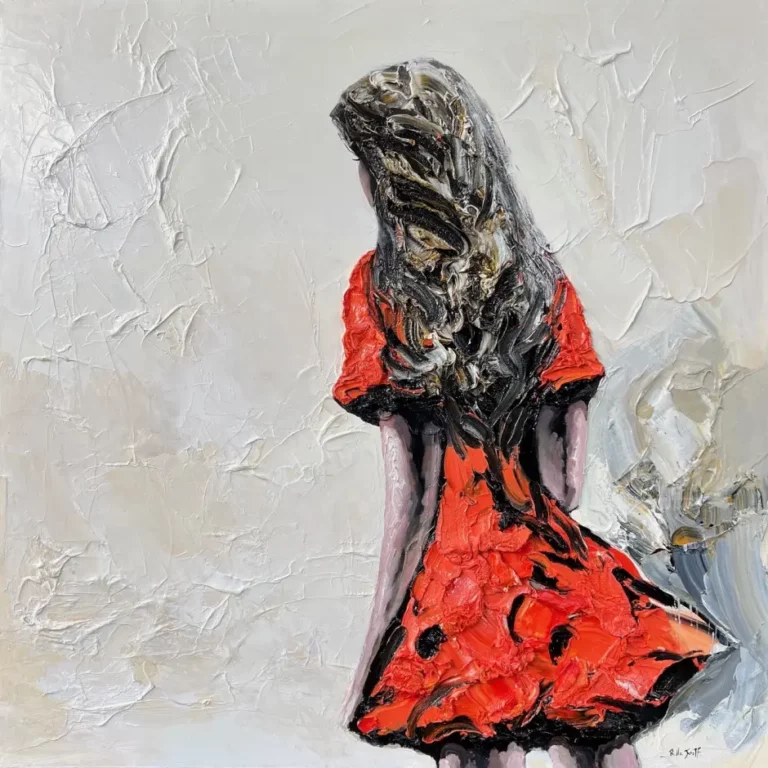 Palla Jeroff's "Girl in red dress" Oil on Linen artwork for sale